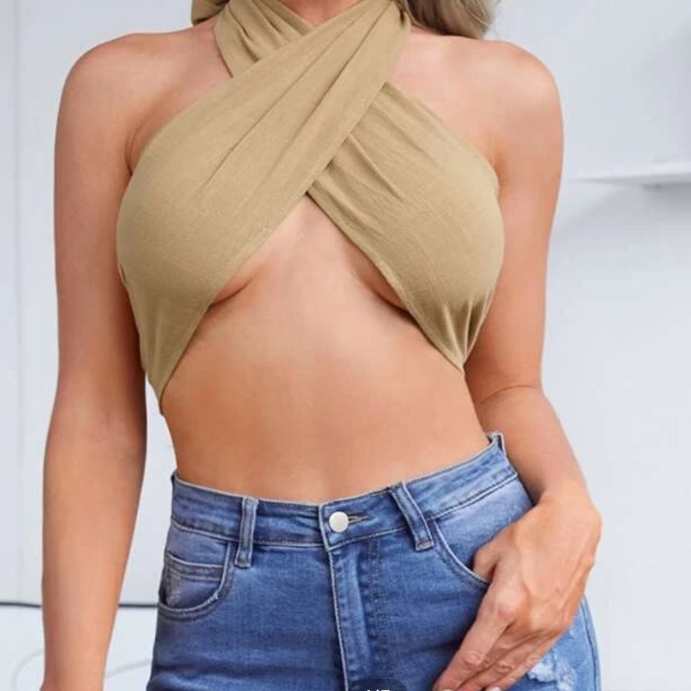 New Crisscross Wrap Tie Back Crop Halter  Top - Picture 4 of 5